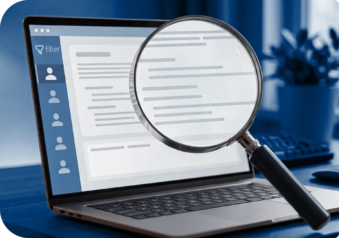 Magnifying glass over a laptop showing AI prompt filtering and monitoring features