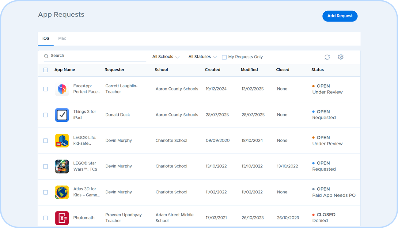 Screenshot of the iOS app requests section in Securly MDM, with a zoomed-in view of the status area