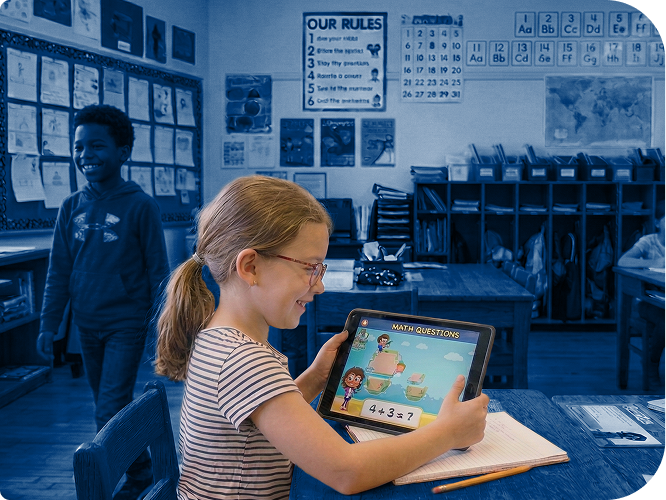Student playing a interactive Math game on a tablet