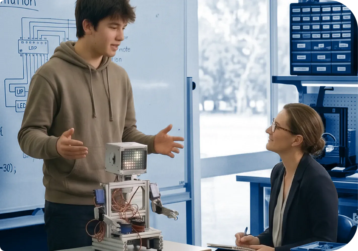 Student and teacher discussing about AI