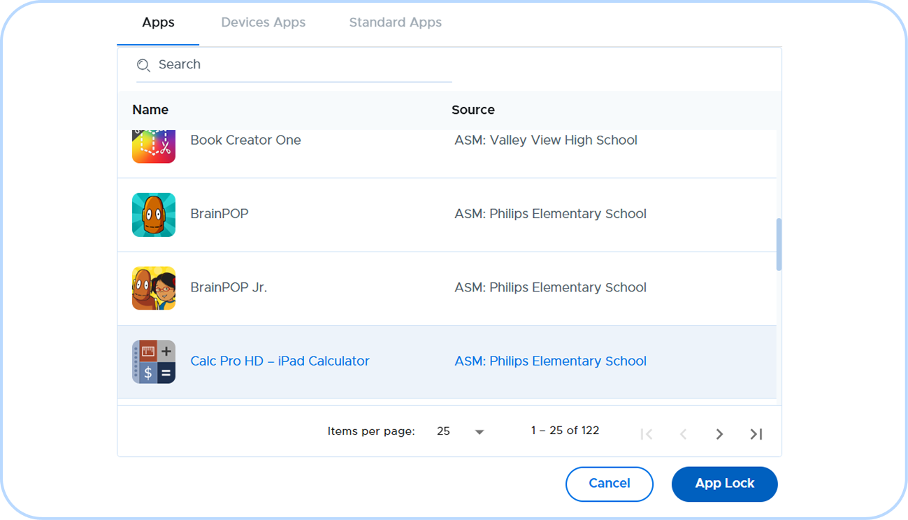 Mockup of a laptop displaying apps in Securly MDM interface, with a lock icon
