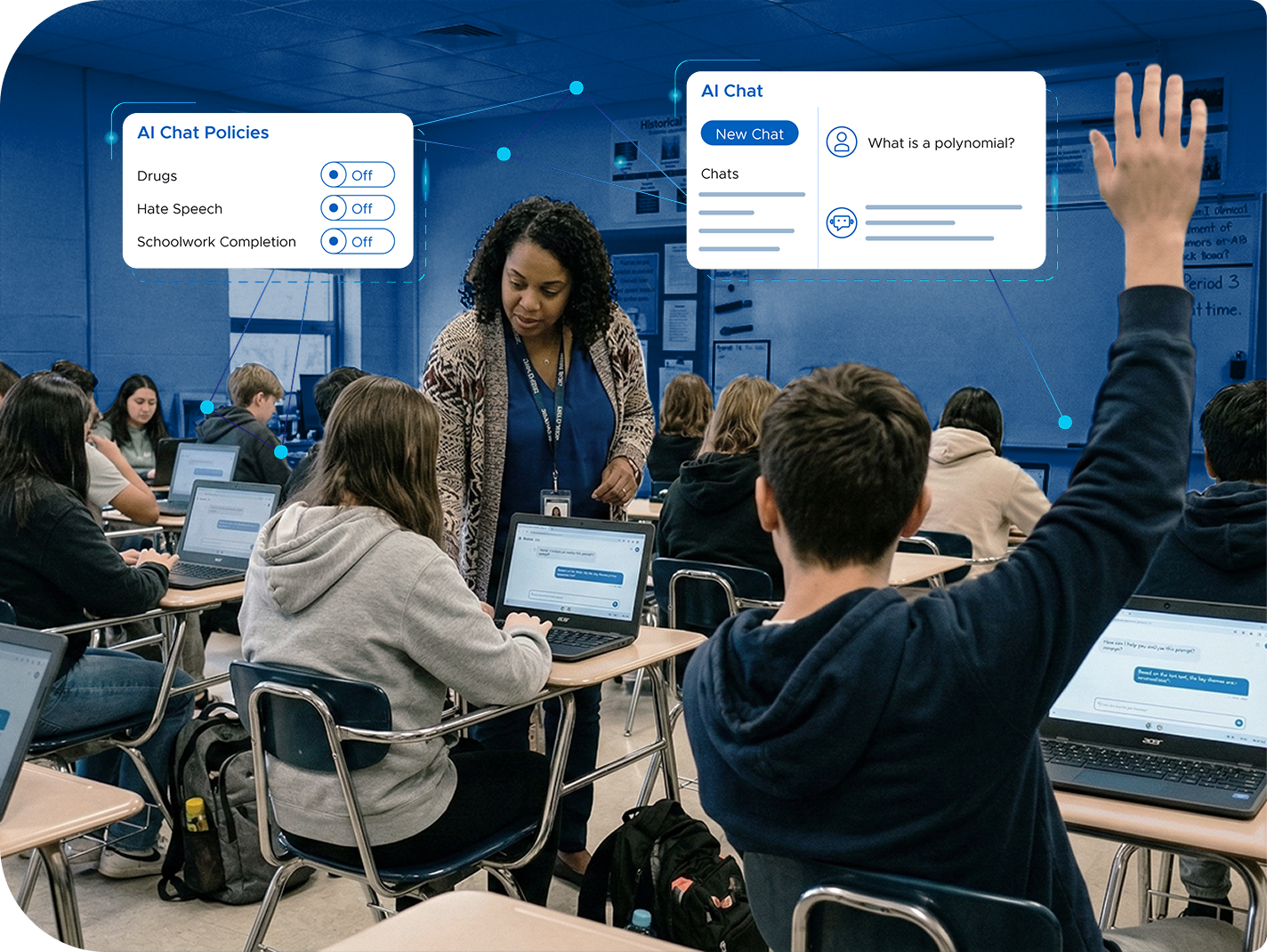 Students use AI in the classroom while their teacher assists them.