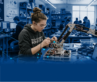 A student building a robot arm
