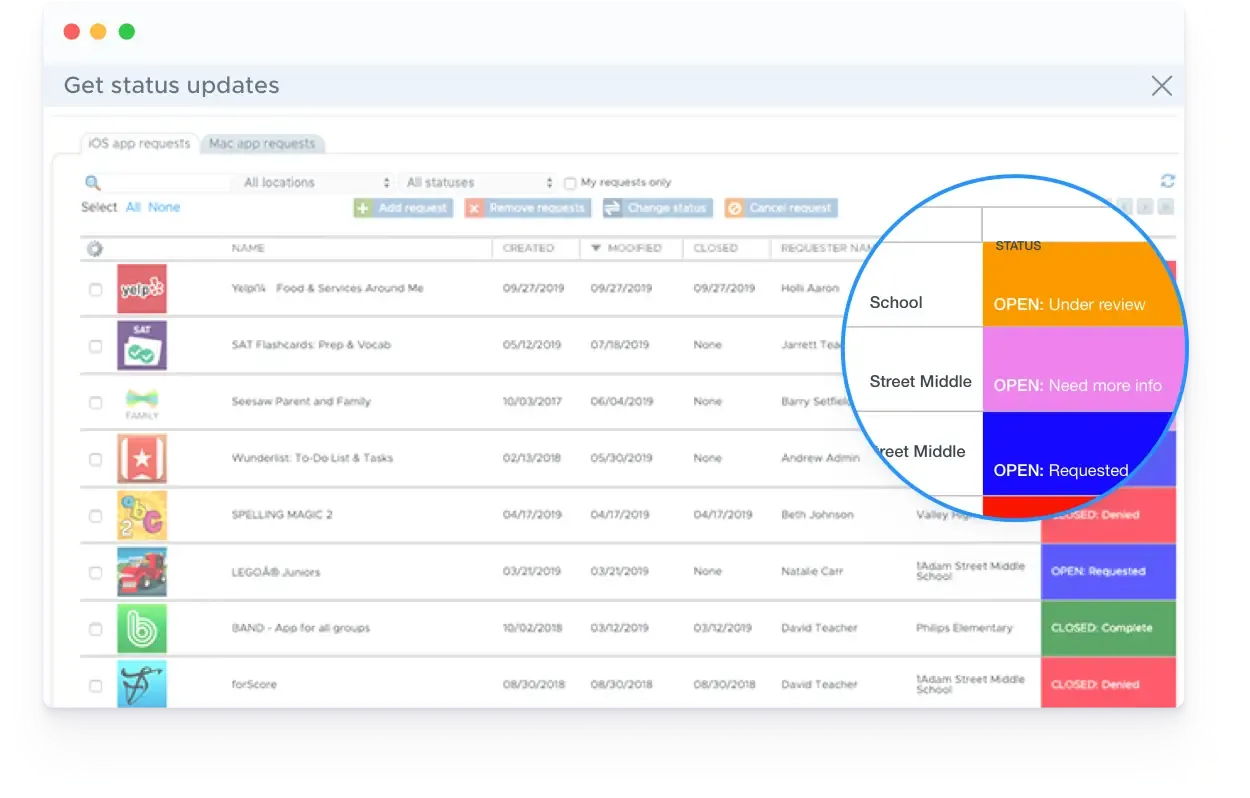 Screenshot of the iOS app requests section in Securly MDM, with a zoomed-in view of the status area