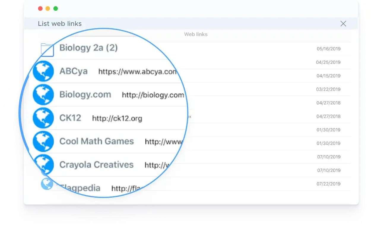 Screenshot of Securly Locker app’s Web links section, displaying a list of sites a teacher has added and organized for student-use