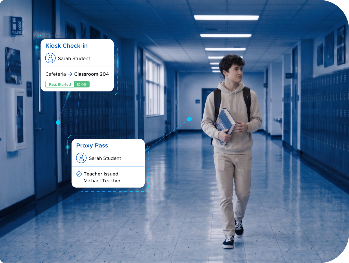 Students in hallway with pass notifications popping up