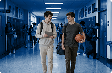Two students interacting in the hallway