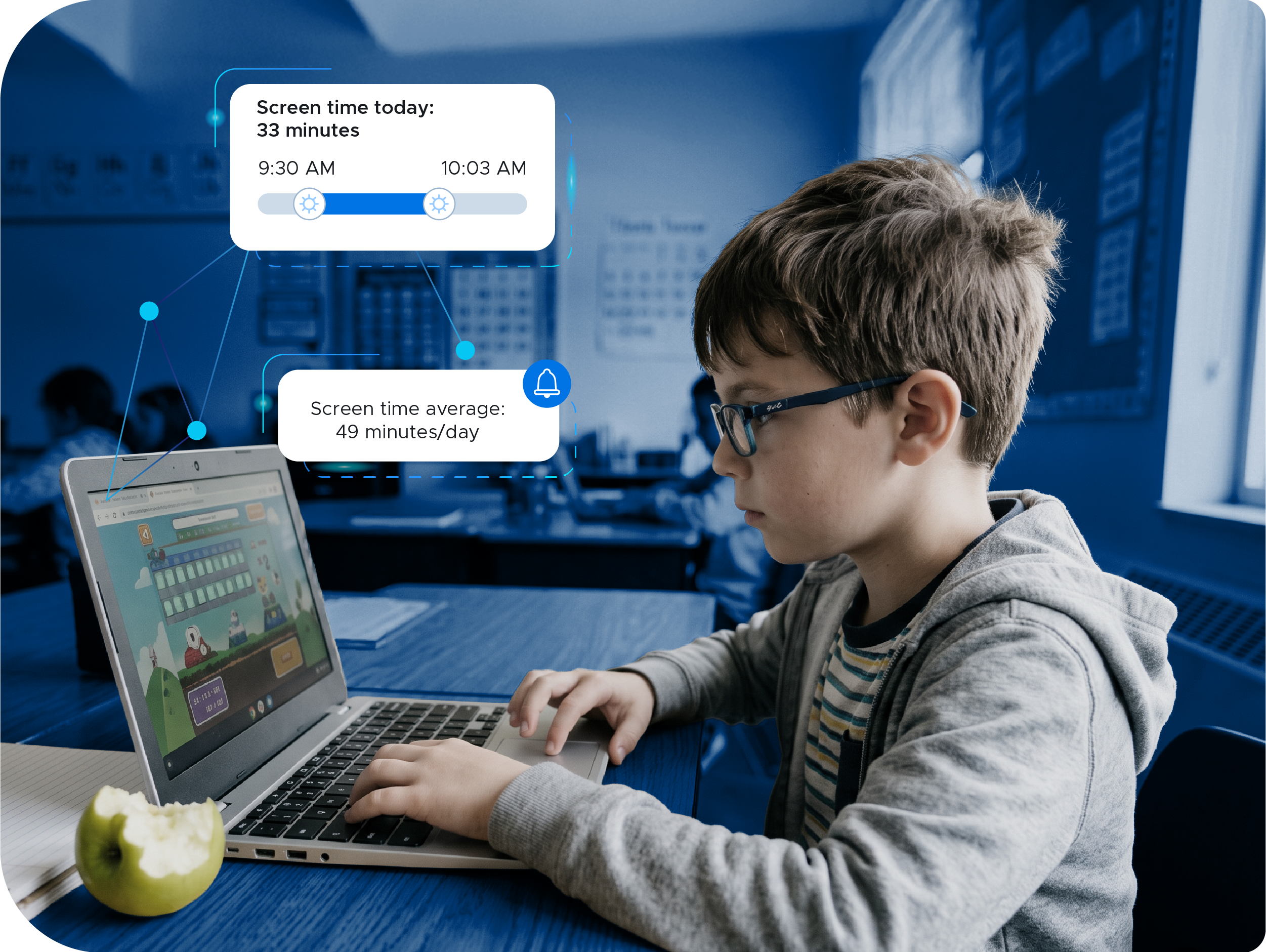 Students use AI in the classroom while their teacher assists them.