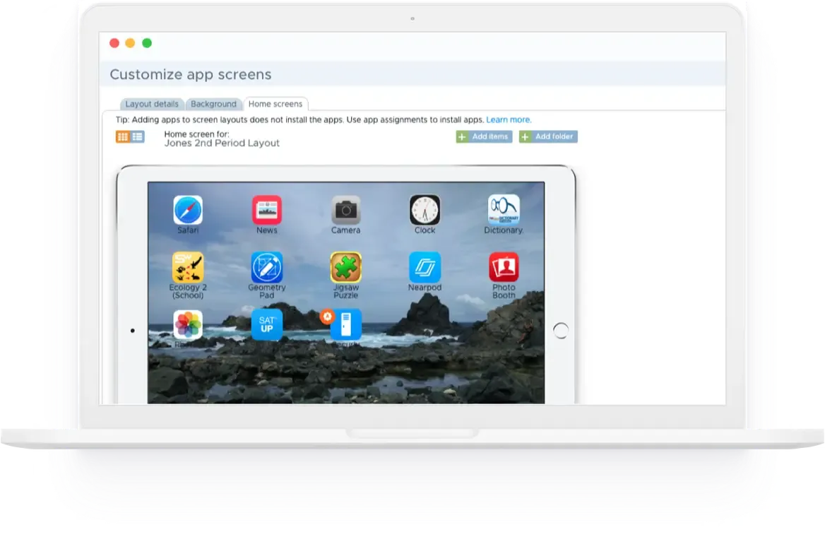 Mockup of a laptop displaying a ‘Customize app screens’ section for iOS devices