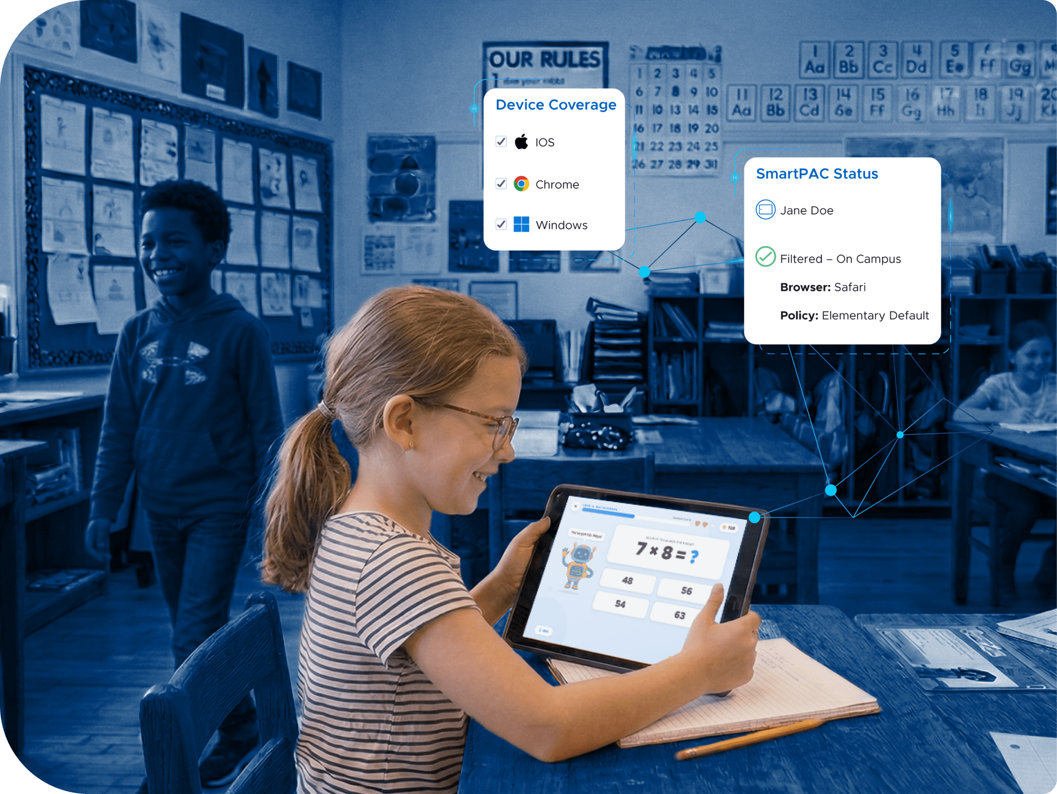 A young girl uses an iPad in the classroom, protected by Securly Filter.