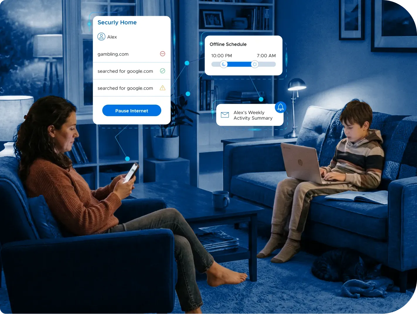 A child uses his school-issued device while their parent monitors them using the Securly Home app.