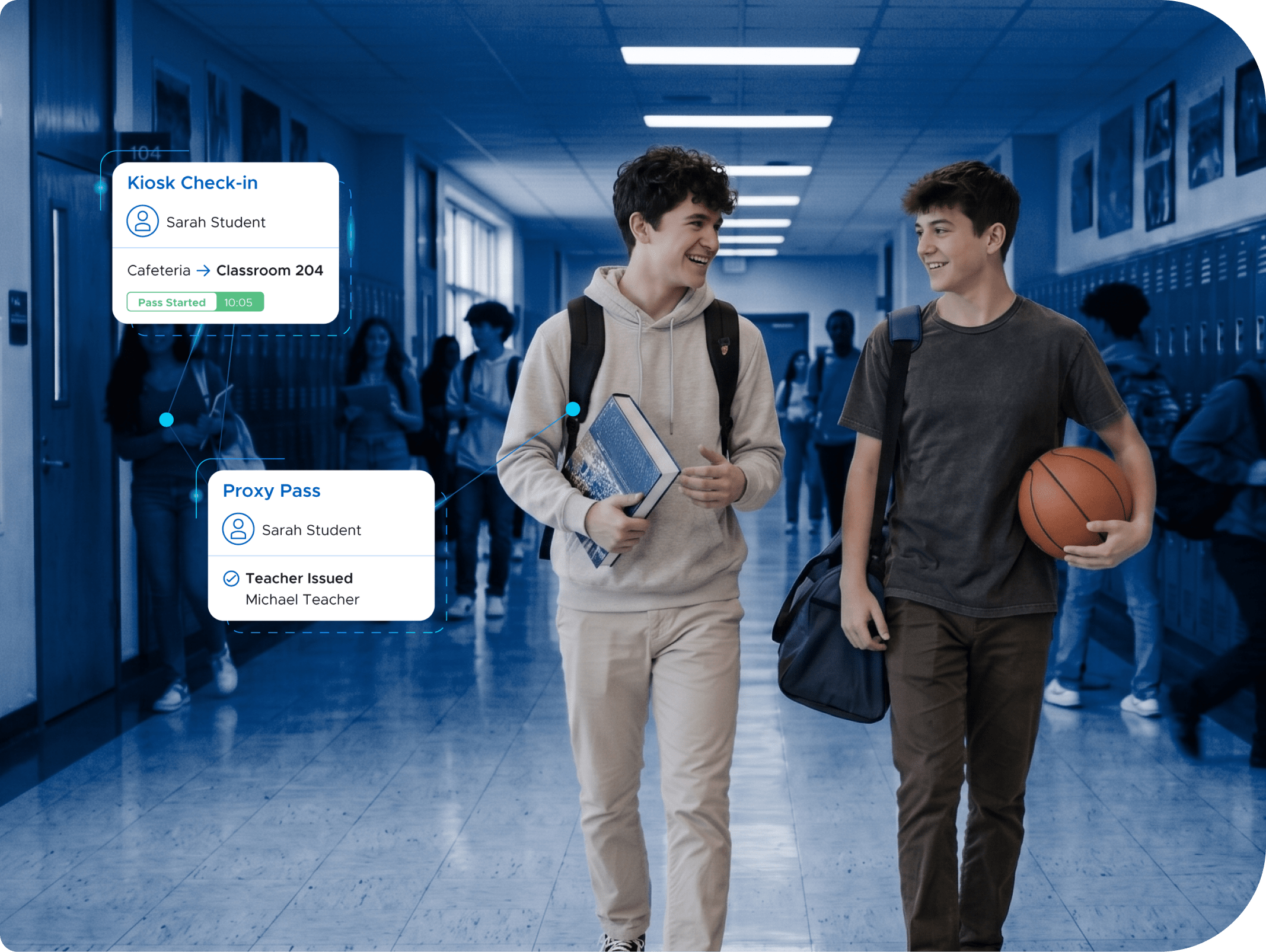 Students in hallway with pass notifications popping up
