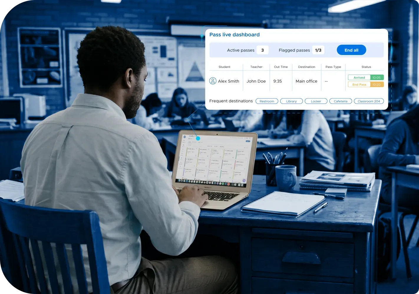 Educator monitoring student movement using Securly Pass