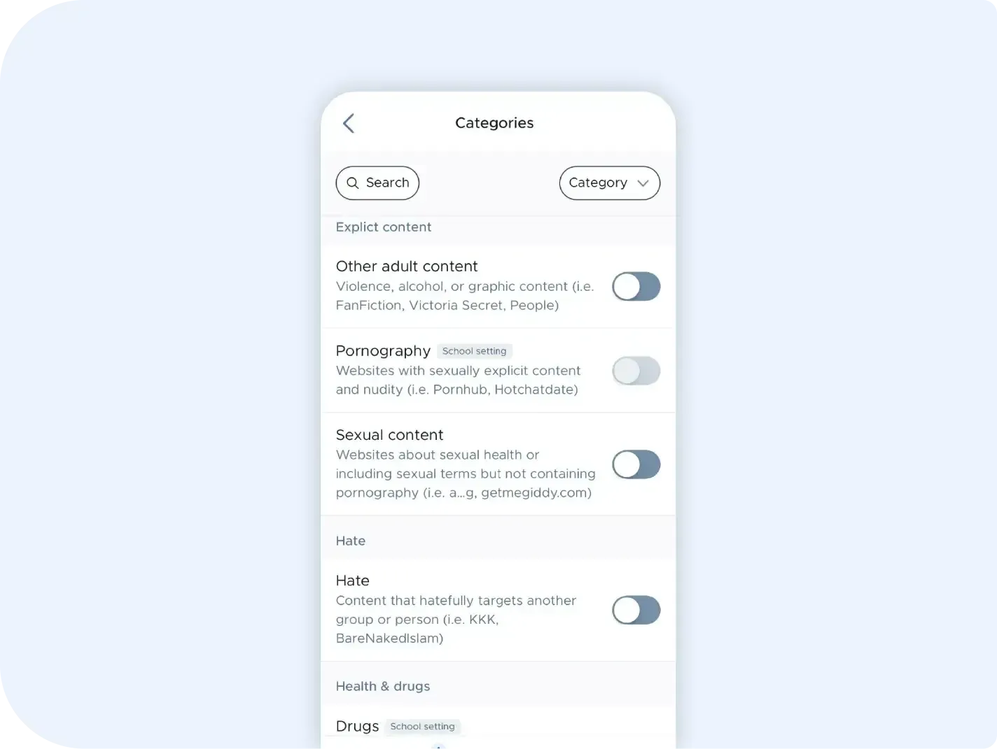A mockup showing the various rules a parent can set for filtering web activity of their child through Securly Home