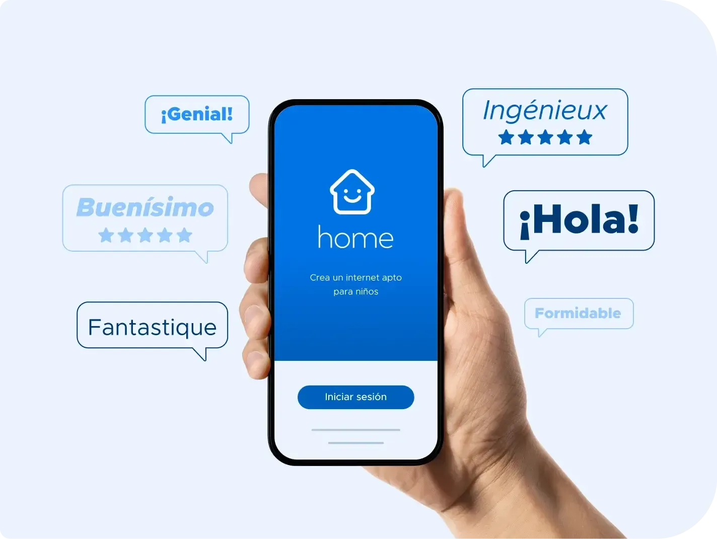 Illustration of a smartphone displaying the Securly Home app, surrounded by text bubbles with greetings in various languages