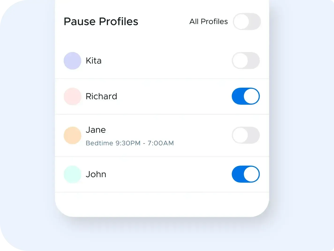 Screenshot of a 'pause devices' feature of Securly Home that allows parents to pause internet on their children's devices