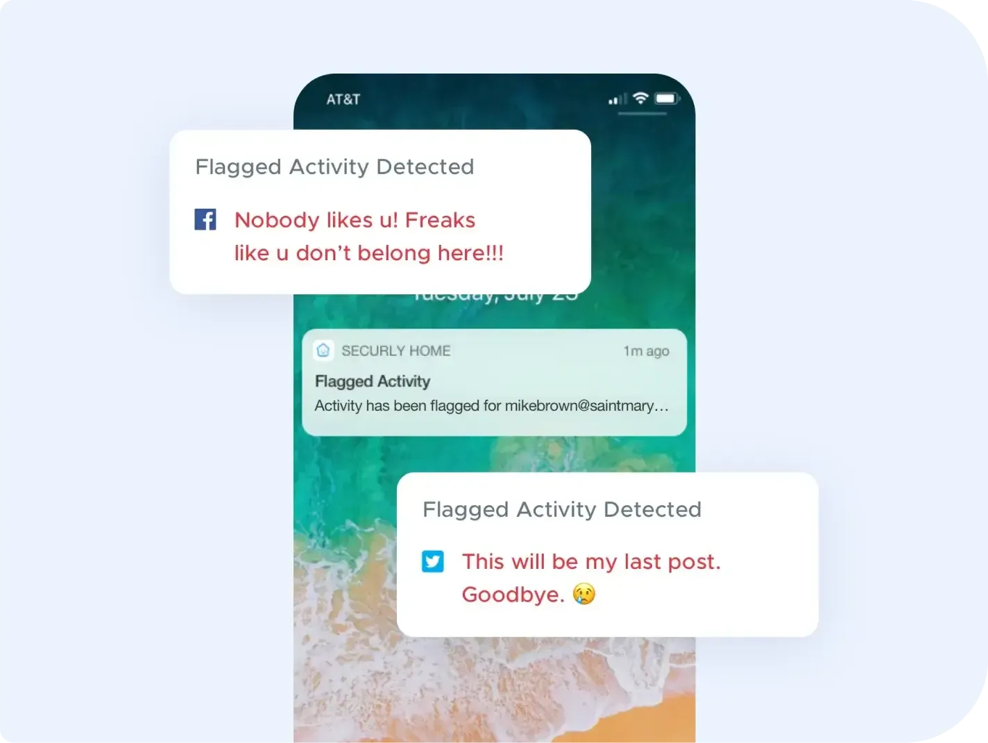 Mockup of 'flagged activity' notifications that includes signs of bullying, self-harm, and violence.