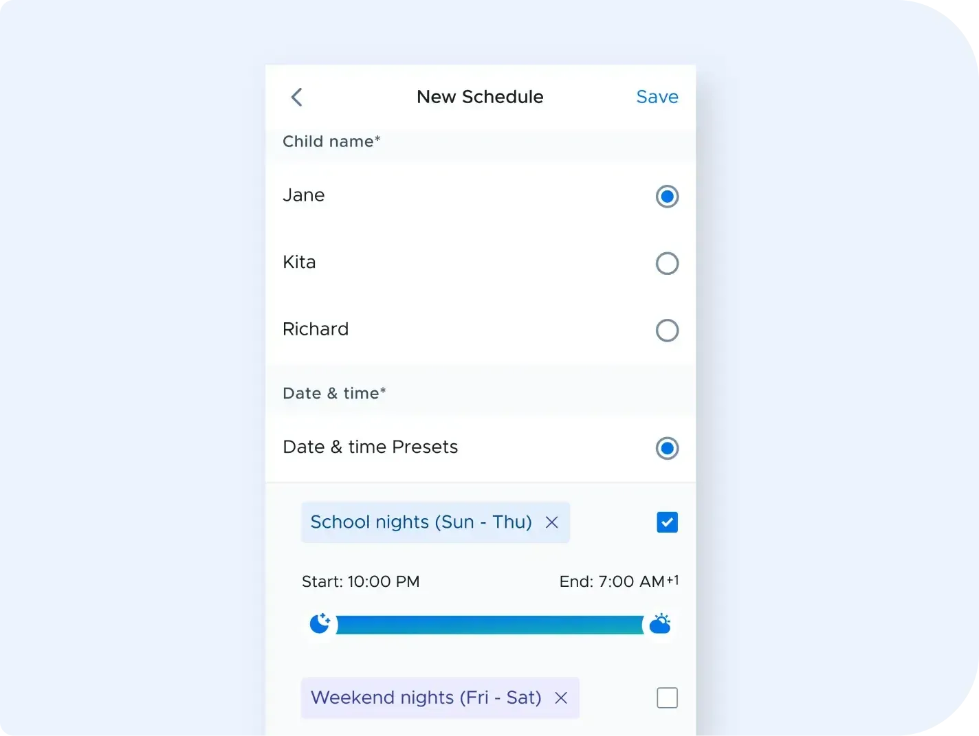 Screenshot of the Securly Home's offline schedule feature displaying a 'Bedtime' schedule from 10pm to 7am