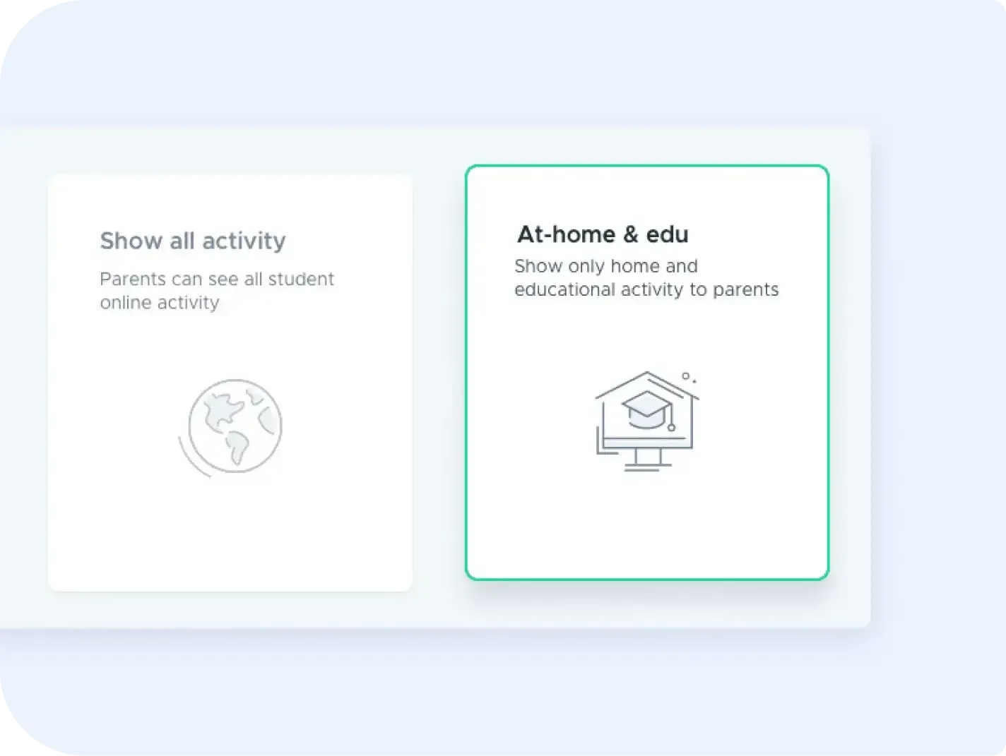 Screenshot of two activity visibility options in Securly Home - 'Show all activity' and 'At-home & Edu'