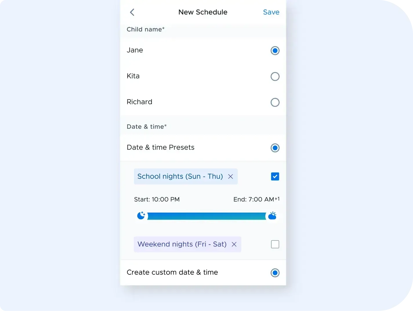 Screenshot of the Securly Home's offline schedule feature displaying a 'Bedtime' schedule from 10pm to 7am