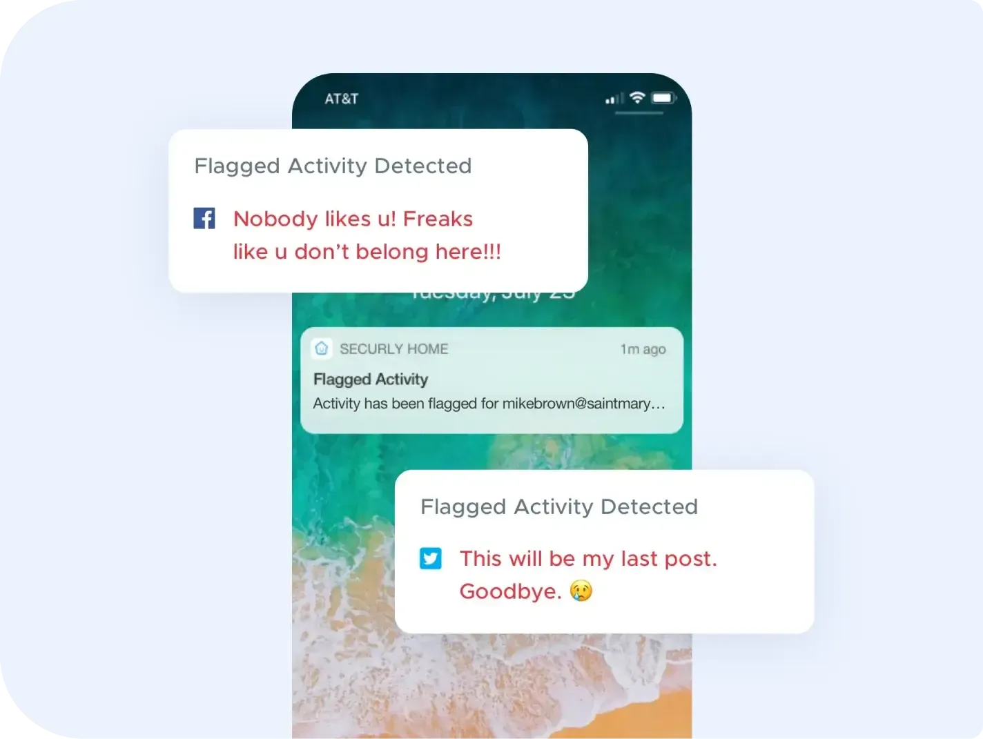 Mockup of 'flagged activity' notifications that includes signs of bullying, self-harm, and violence.