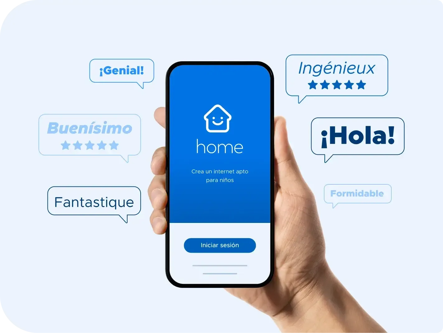 Illustration of a smartphone displaying the Securly Home app, surrounded by text bubbles with greetings in various languages