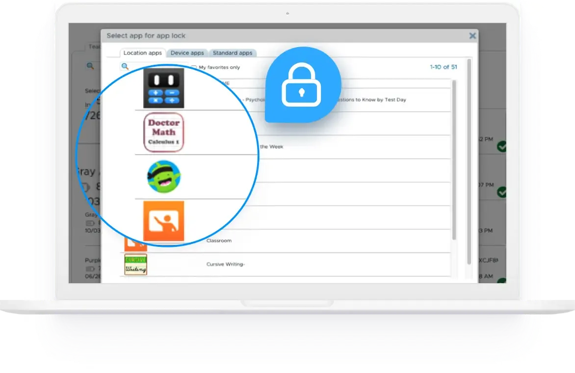 Mockup of a laptop displaying apps in Securly MDM interface, with a lock icon