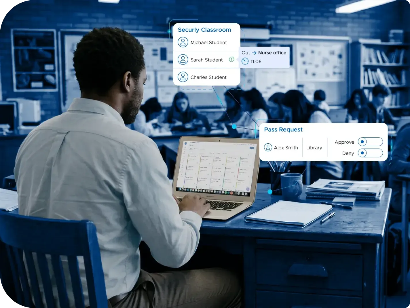 Teacher looking at Pass requests on laptop