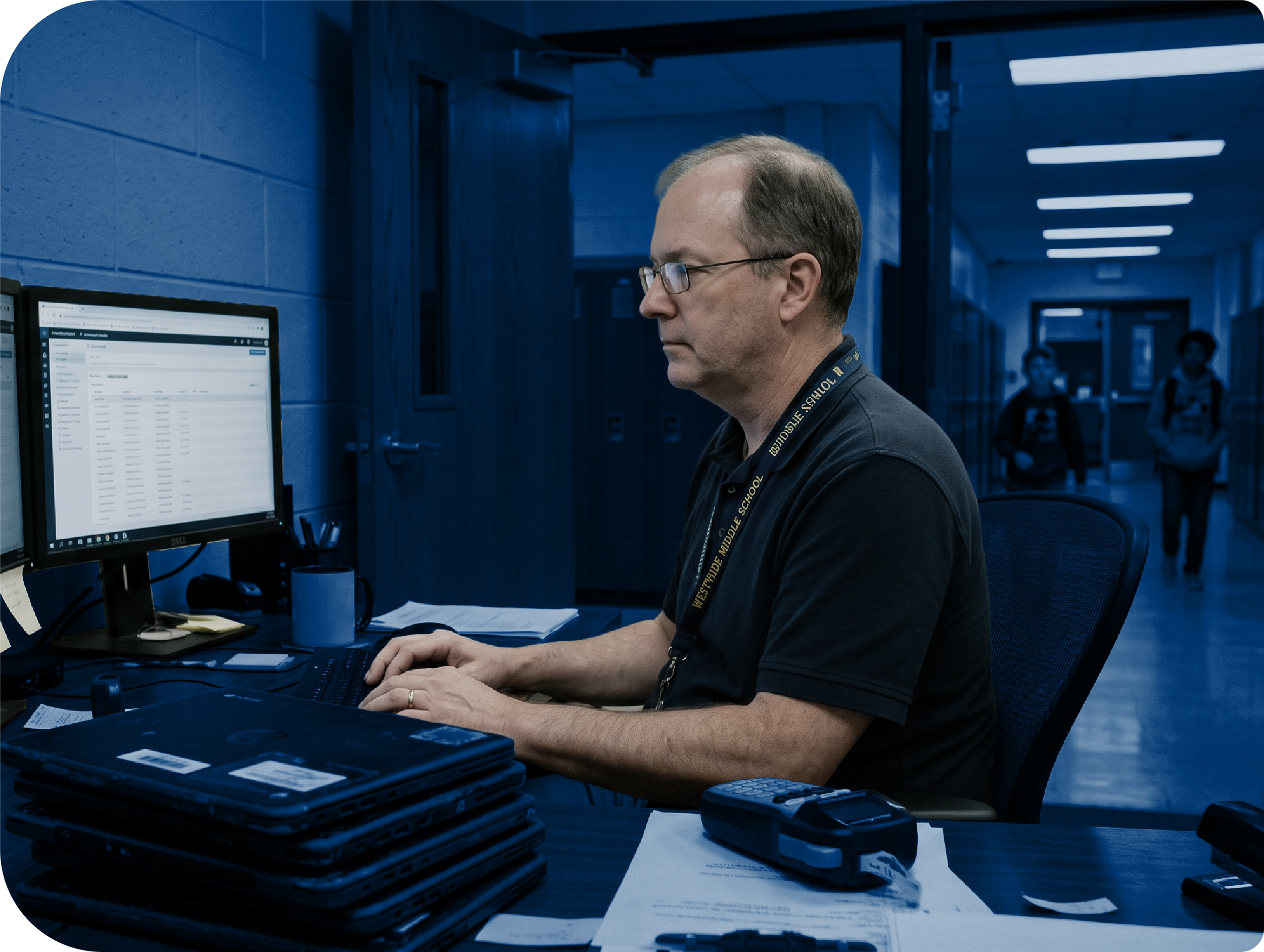 Students use AI in the classroom while their teacher assists them.