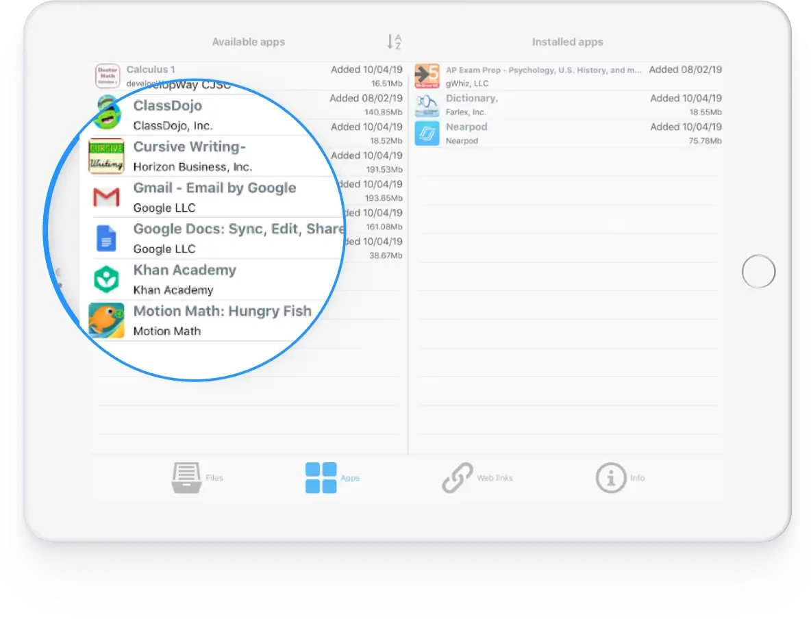 Mockup of the app directory in the Securly Locker app, split into two sections - ‘available apps’ and ‘installed apps’
