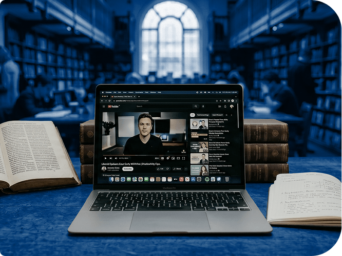 Illustration of books, with a floating browser window above displaying a video of Securly specialist