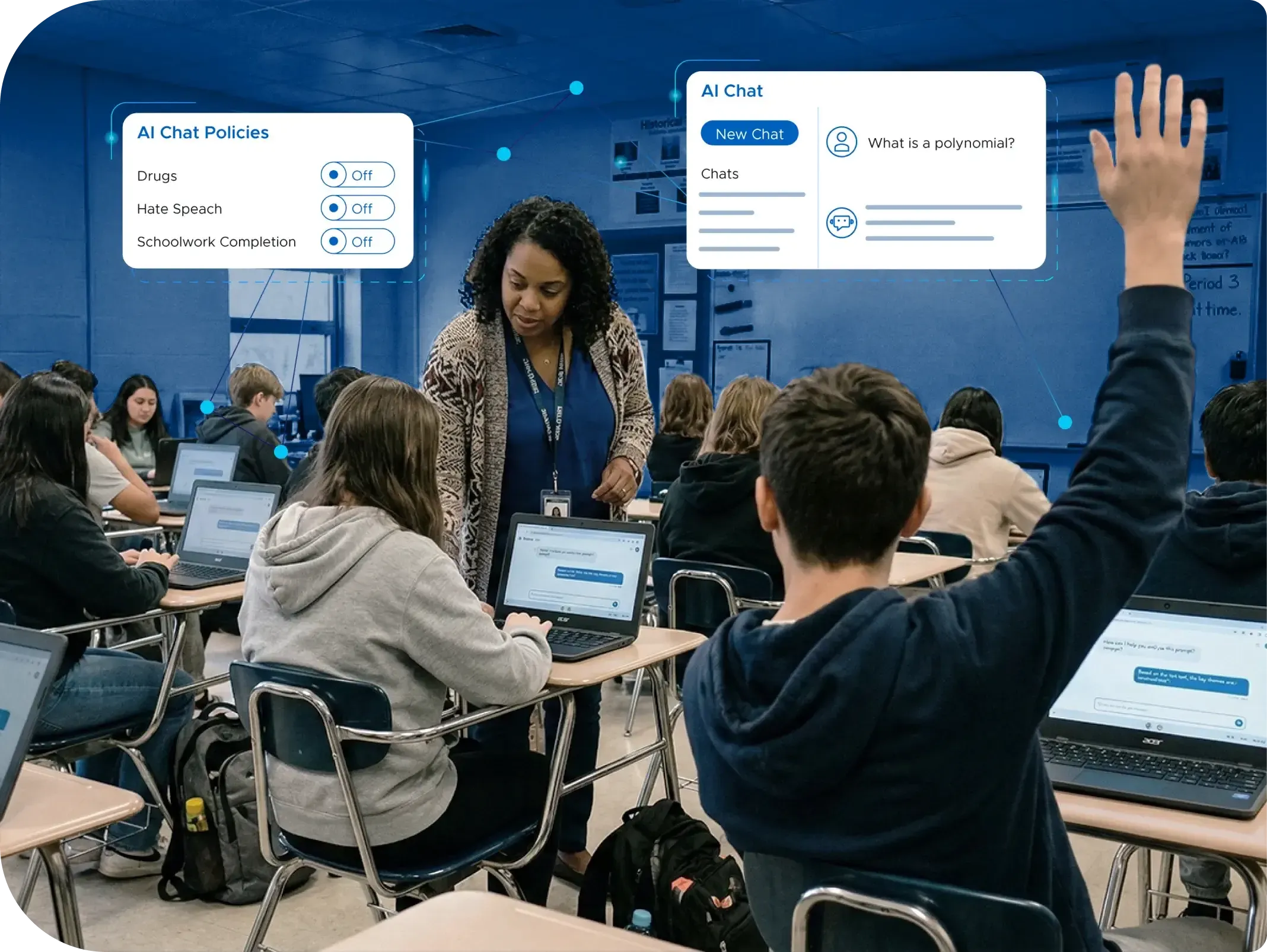 Students use AI in the classroom while their teacher assists them.
